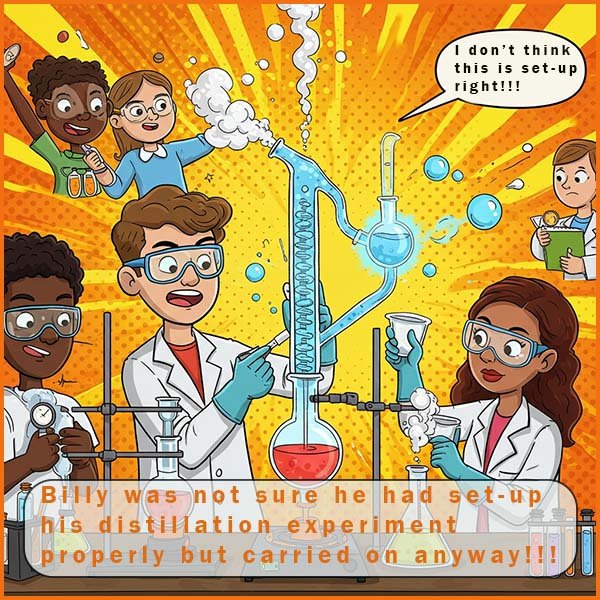 Images shows a student setting up a distillation experiment incorrectly